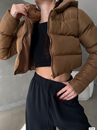 Kadın Kapüşon Detay Kısa şişme Mont