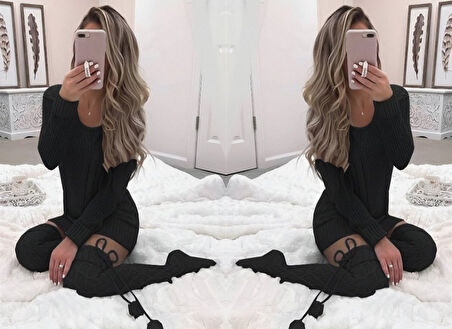 Kadın Uzun Kollu Bisiklet Yaka Triko Elbise (çorapsız)