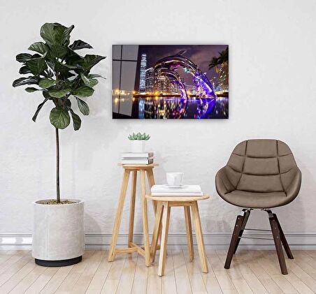 Işıklı Yunuslar Cam Tablo 4mm Dayanıklı Temperli Cam