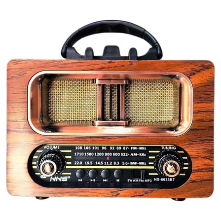 BiiShe® Büyük Boy Retro, Nostaljik, Ahşap Tasarım Bluetooth Hoparlörlü, Şarjlı, Taşınabilir FM/AM Destekli Radyo NS-6635