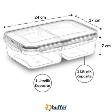 BiiShe® 2 Bölmeli 1+1 Litre Kilitli Kapaklı Erzak Saklama Kabı LC-525