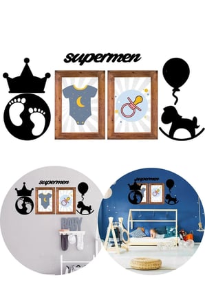 BiiShe® DECO103 Supermen Dekoratif Duvar Süsü Tablo Aksesuar Ahşap Tasarım Hediye Pano Sticker Seti