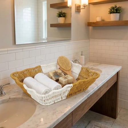 BiiShe® Dikdörtgen Çift Renkli Plastik Rattan Ekmek ve Meyve Sepeti - Çok Amaçlı Banyo ve Mutfak Düzenleyici - Yıkanabilir Tezgâh Üstü Organizer