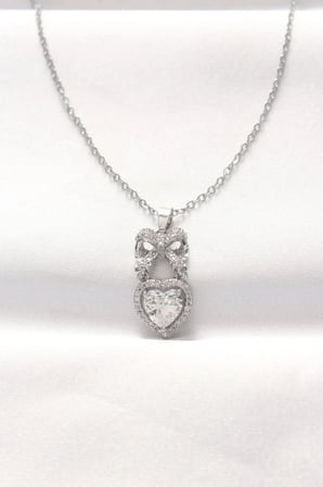 Mey İthalat® 316L Çelik Silver Renk Zirkon Taşlı Kalpli Fiyonk Kolye
