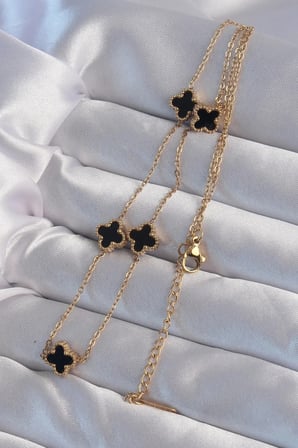 Mey İthalat® 316L Çelik Gold Renk Minimal Siyah Mineli Yonca Kolye