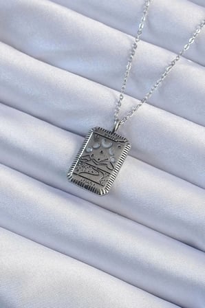 Mey İthalat® 316L Çelik Zincir Eskitme Gümüş Renk Ay Figürlü Tarot Kolye