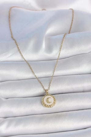 Mey İthalat® 316L Çelik Gold Renk Zincir Beyaz Mineli Hilal İşlemeli Madalyon Model Kadın Kolye