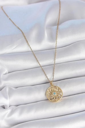 Mey İthalat® 316L Çelik Gold Renk Zincr Mavi Taşlı Lotus Model Kadın Kolye
