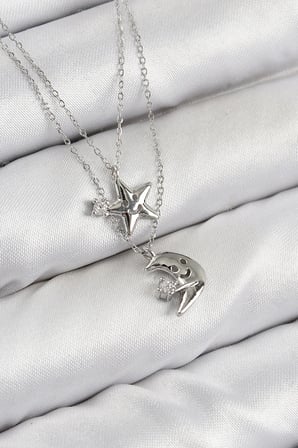 Mey İthalat® Pirinç Zirkon Taşlı Yıldız Ve Ay Model Gümüş Renk Kadın Kolye