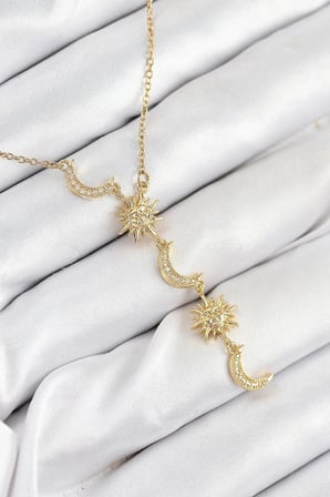 Mey İthalat® 316L Çelik Zirkon Taşlı Güneş Ve Ay Model Gold Renk Kadın Kolye