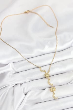 Mey İthalat® 316L Çelik Zirkon Taşlı Güneş Ve Ay Model Gold Renk Kadın Kolye