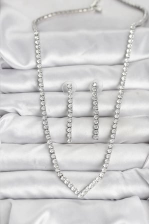 Mey İthalat® Gümüş Renk Zirkon Taşlı Kadın Kolye Küpe Seti