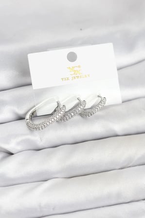 Mey İthalat® Pirinç Gümüş Renk Zirkon Taşlı Halka Model YSX Trio Küpe Seti