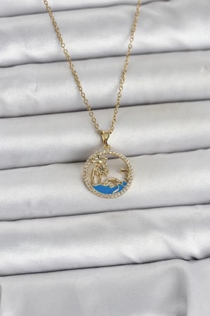 Mey İthalat® 316L Çelik Zincir Gold Renk Zirkon Taşlı Deniz Temalı Kadın Kolye