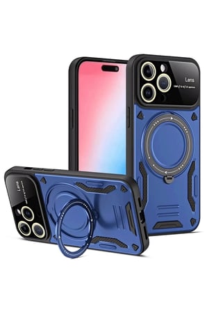 Mey İthalat®  iPhone 16 Pro Max Kılıf Joy Lens Standlı Kapak - Lacivert