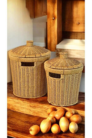 Wicker 2'li Hasır Kapaklı Patates Soğan Sepet Set 2 Boy Sunum Sebzelik Örgü Çamaşır Sepeti Dekor