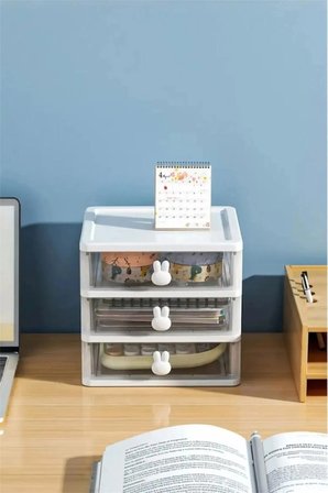 Bunny 3 Çekmeceli Masaüstü Düzenleyici Organizer - Bölmeli Ofis Fırça Makyaj Organizeri
