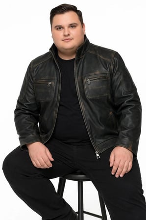 Büyük Beden Erkek Siyah Hakim Yaka Deri Mont %100 Saf Deri Eskitme Görünümlü Fermuarlı Kışlık Ceket Üretici Garantili