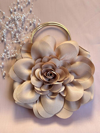 Bej Kumaş Gold Metal Saplı Gül Çiçek Çanta El Omuz Çantası Abiye Günlük Şık Kadın Çantası
