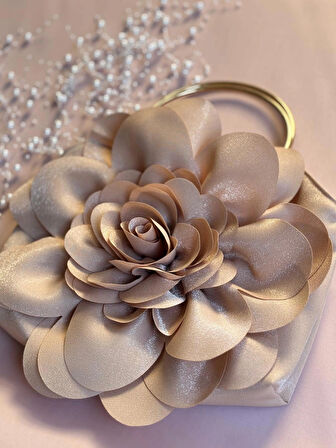 Bej Kumaş Gold Metal Saplı Gül Çiçek Çanta El Omuz Çantası Abiye Günlük Şık Kadın Çantası