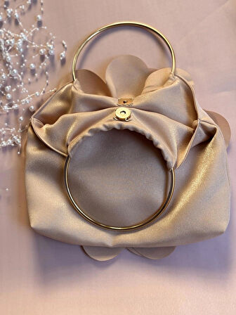 Bej Kumaş Gold Metal Saplı Gül Çiçek Çanta El Omuz Çantası Abiye Günlük Şık Kadın Çantası