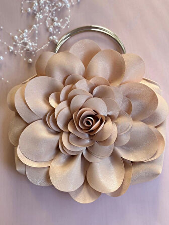 Bej Kumaş Gümüş Metal Saplı Gül Çiçek Çanta El Çantası Aksesuar Abiye Günlük Şık Kadın Çantası