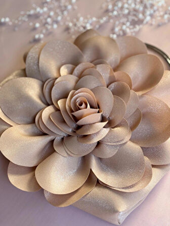 Bej Kumaş Gümüş Metal Saplı Gül Çiçek Çanta El Çantası Aksesuar Abiye Günlük Şık Kadın Çantası