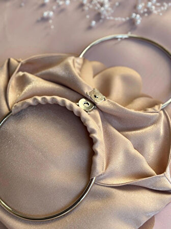 Bej Kumaş Gümüş Metal Saplı Gül Çiçek Çanta El Çantası Aksesuar Abiye Günlük Şık Kadın Çantası