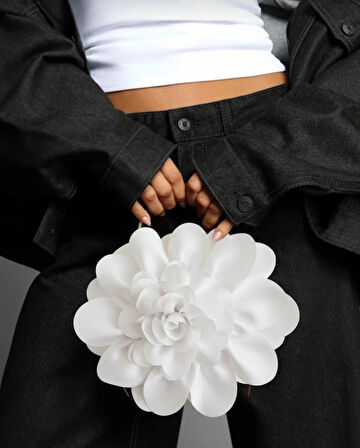 Beyaz Kumaş Gold Metal Saplı Gül Çiçek Çanta El Omuz Çantası Abiye Günlük Şık Kadın Çantası