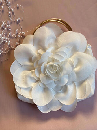 Beyaz Kumaş Gold Metal Saplı Gül Çiçek Çanta El Omuz Çantası Abiye Günlük Şık Kadın Çantası