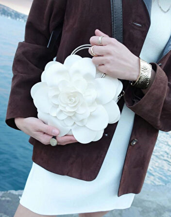 Beyaz Kumaş Gümüş Metal Saplı Gül Çiçek Çanta El Çantası Aksesuar Abiye Günlük Şık Kadın Çantası
