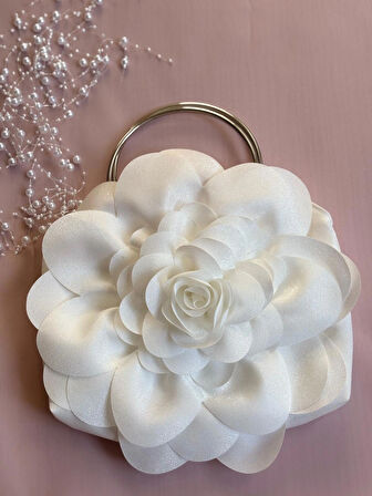 Beyaz Kumaş Gümüş Metal Saplı Gül Çiçek Çanta El Çantası Aksesuar Abiye Günlük Şık Kadın Çantası