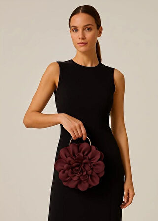 Bordo Kumaş Gold Metal Saplı Gül Çiçek Çanta El Omuz Çantası Abiye Günlük Şık Kadın Çantası