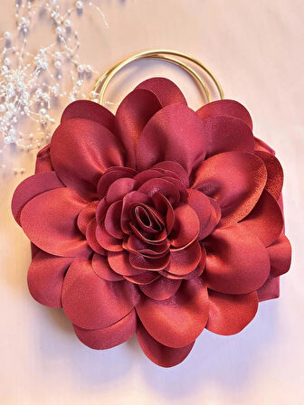 Bordo Kumaş Gold Metal Saplı Gül Çiçek Çanta El Omuz Çantası Abiye Günlük Şık Kadın Çantası