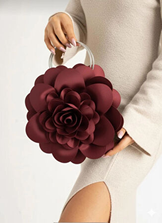 Bordo Kumaş Gümüş Metal Saplı Gül Çiçek Çanta El Çantası Aksesuar Abiye Günlük Şık Kadın Çantası