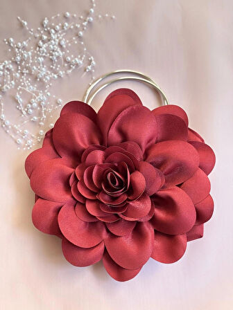 Bordo Kumaş Gümüş Metal Saplı Gül Çiçek Çanta El Çantası Aksesuar Abiye Günlük Şık Kadın Çantası