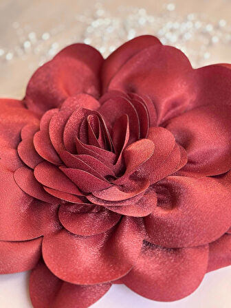 Bordo Kumaş Gümüş Metal Saplı Gül Çiçek Çanta El Çantası Aksesuar Abiye Günlük Şık Kadın Çantası