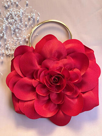 Kırmızı Kumaş Gold Metal Saplı Gül Çiçek Çanta El Omuz Çantası Abiye Günlük Şık Kadın Çantası