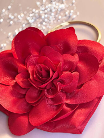 Kırmızı Kumaş Gold Metal Saplı Gül Çiçek Çanta El Omuz Çantası Abiye Günlük Şık Kadın Çantası