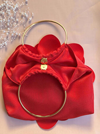 Kırmızı Kumaş Gold Metal Saplı Gül Çiçek Çanta El Omuz Çantası Abiye Günlük Şık Kadın Çantası