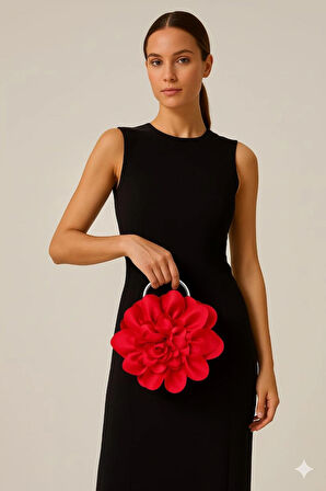 Kırmızı Kumaş Gümüş Metal Saplı Gül Çiçek Çanta El Çantası Aksesuar Abiye Günlük Şık Kadın Çantası