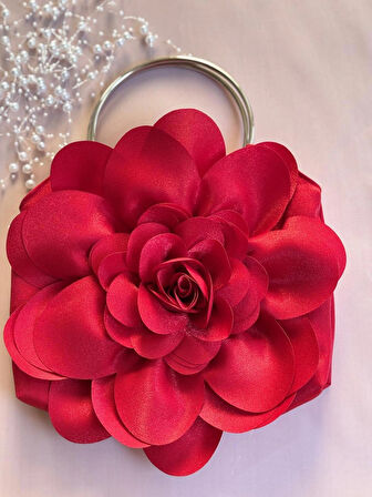 Kırmızı Kumaş Gümüş Metal Saplı Gül Çiçek Çanta El Çantası Aksesuar Abiye Günlük Şık Kadın Çantası