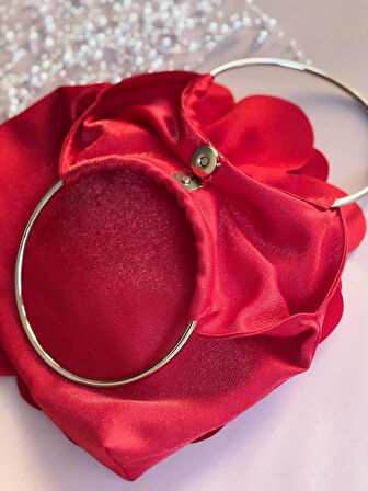 Kırmızı Kumaş Gümüş Metal Saplı Gül Çiçek Çanta El Çantası Aksesuar Abiye Günlük Şık Kadın Çantası
