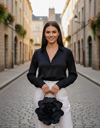 Siyah Kumaş Gold Metal Saplı Gül Çiçek Çanta El Omuz Çantası Abiye Günlük Şık Kadın Çantası