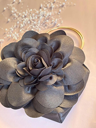 Siyah Kumaş Gold Metal Saplı Gül Çiçek Çanta El Omuz Çantası Abiye Günlük Şık Kadın Çantası