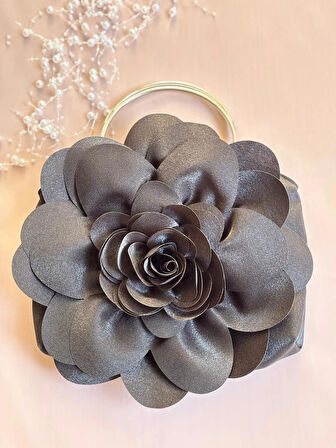 Siyah Kumaş Gümüş Metal Saplı Gül Çiçek Çanta El Çantası Aksesuar Abiye Günlük Şık Kadın Çantası
