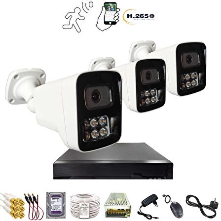 3 KAMERALI 6 WARM LEDLİ 5MP 3.6 SONY LENS GECE RENKLİ GÖSTEREN METAL KASA GÜVENLİK KAMERA SETİ