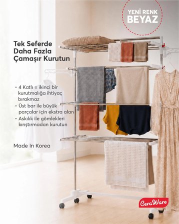  Home S4 Premium 4 Katlı BEYAZ Çamaşırlık BEYAZ Made in Korea Tam Katlanır Tekerlekli Çamaşır Kurutmalık