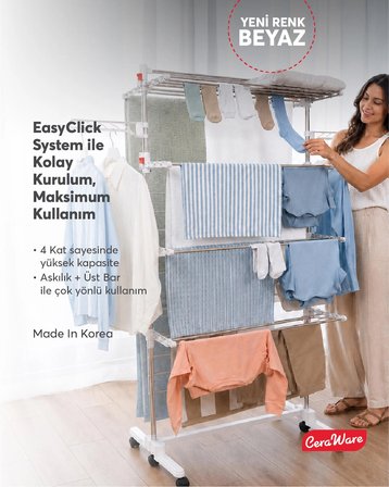  Home S4 Premium 4 Katlı BEYAZ Çamaşırlık BEYAZ Made in Korea Tam Katlanır Tekerlekli Çamaşır Kurutmalık