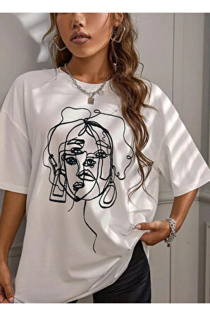 MoonLife Kadın Kırmızı Yüz Baskı Detaylı Oversize T-shirt kırmızırenklileryüzdetaylı